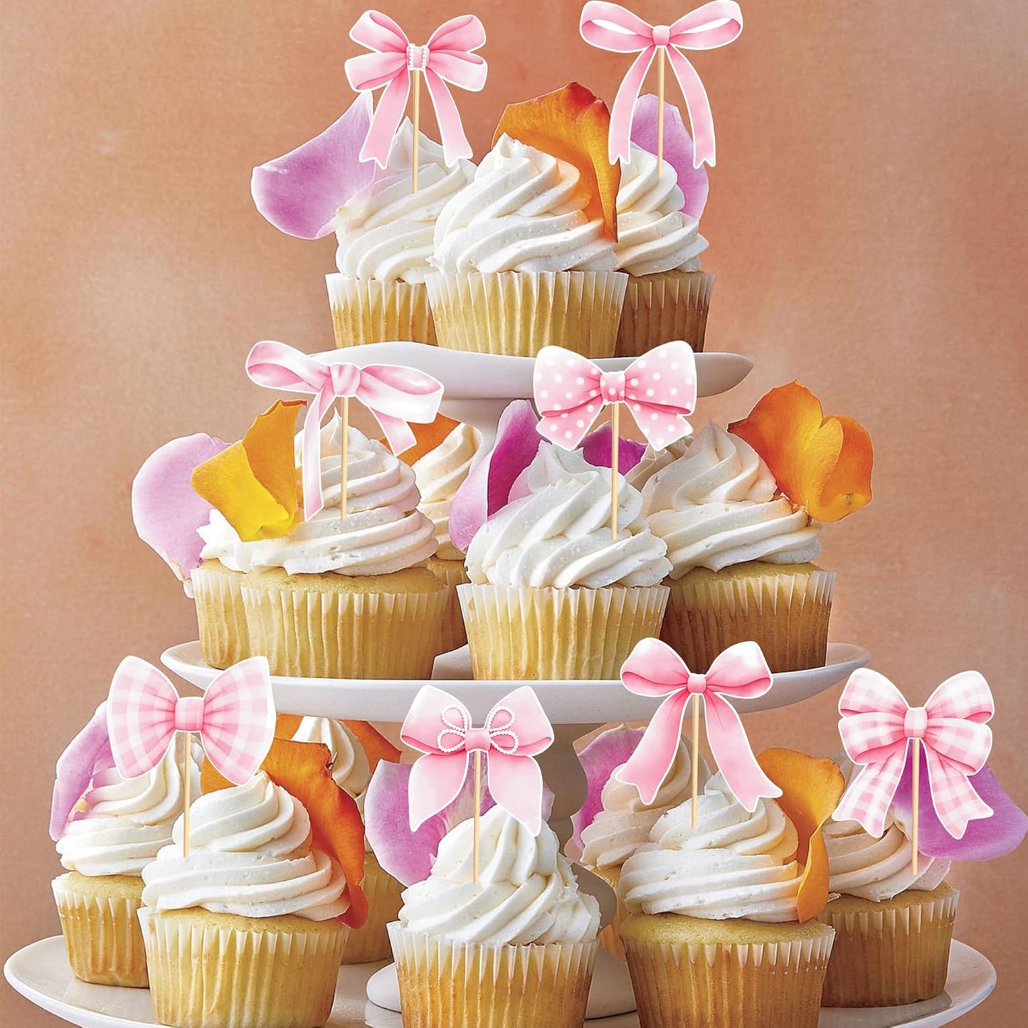 24pcs Coquette Bow Cupcake Toppers Pink Bow Coquette Birthday Cake Decorations for Bachelorette Bridal Engagement Wedding Girl Baby Shower Bow Theme Party Decor