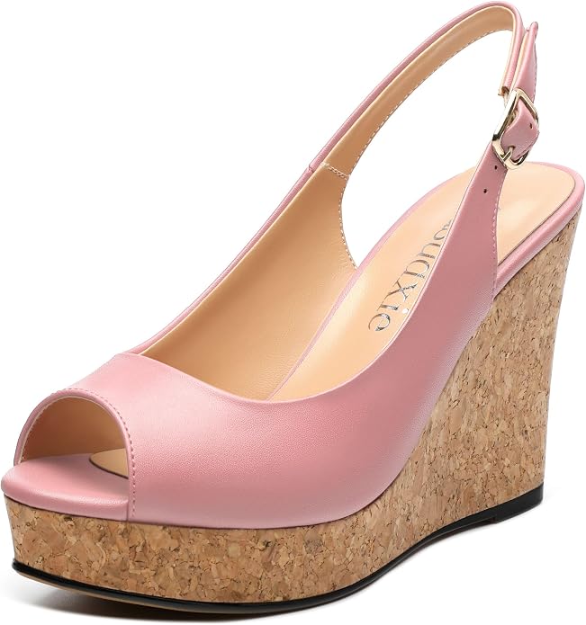 Womens Peep Toe Wedge Heels Matte Fashion Cork Slingback Pumps Platform Wedge by zasudxie