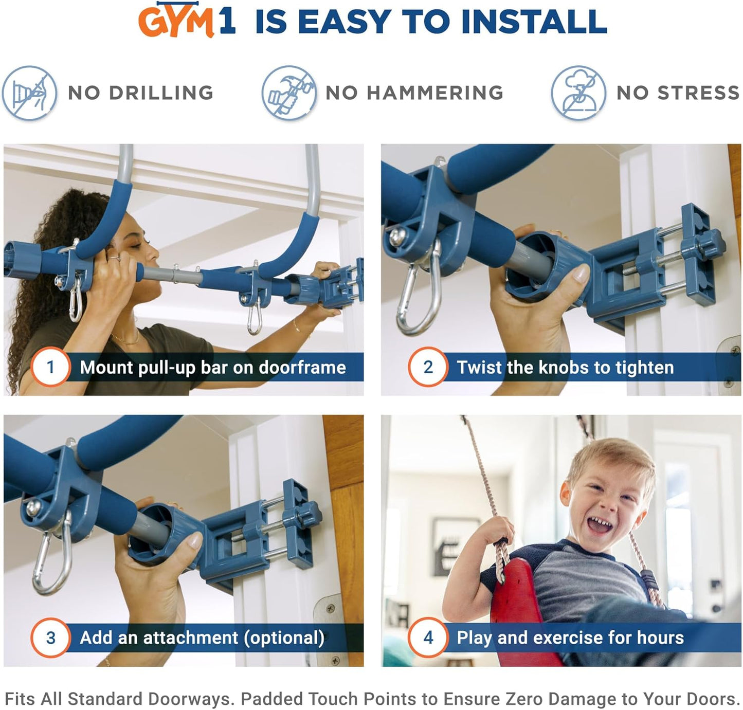 Gym1 Doorway Indoor Swing & Pull-Up Bar Set - Sensory Swing with Rope Ladder - Built-in Pull-Up Bar for Kids Workout Equipment - Easy No-Drill Mount for Indoor Playset - 2-Piece, Red