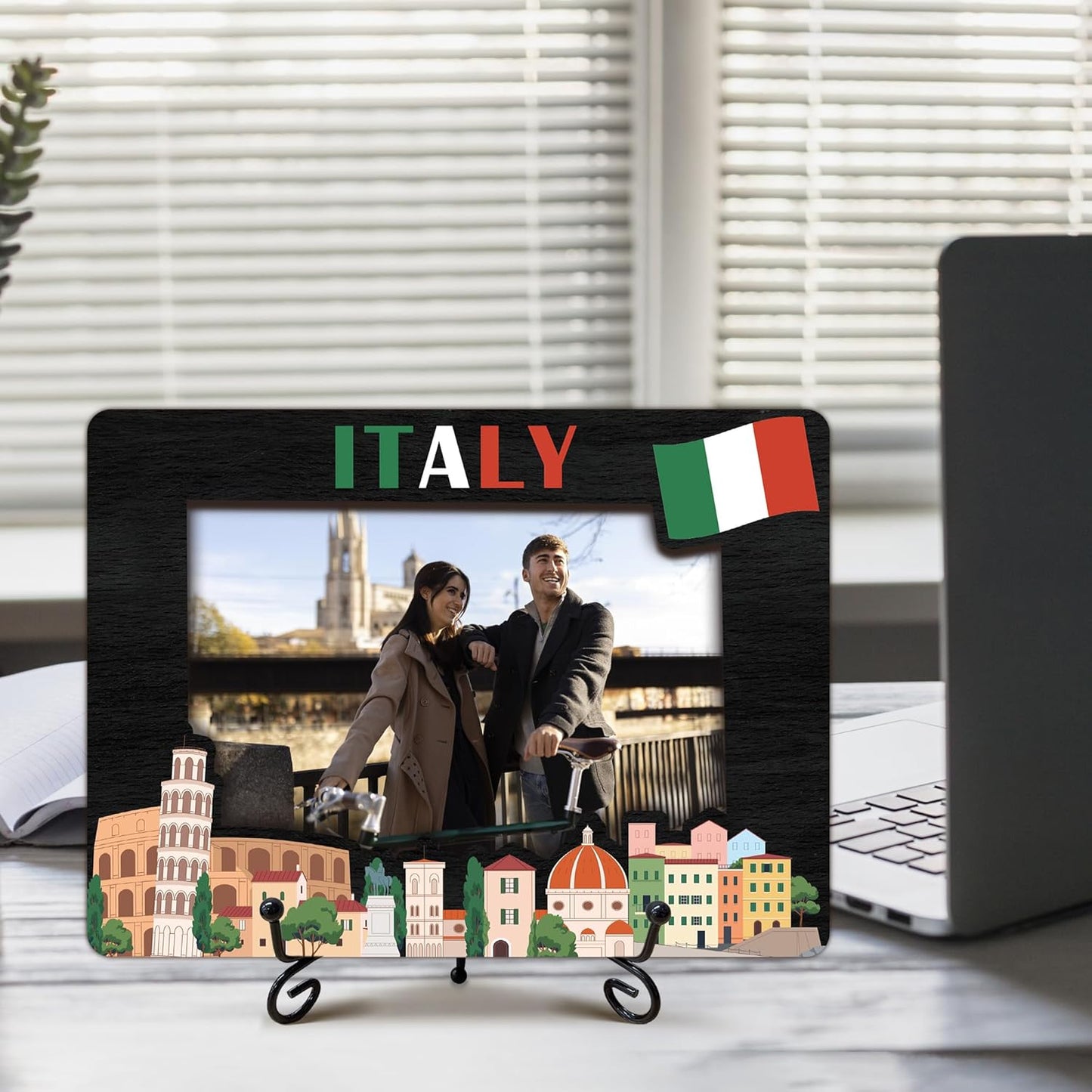Italy Picture Frame Gift, 5 x 8 Wooden Photo Frame with Stand, Italian Vacation Gifts, Friendship Honeymoon Gift for Friends Couples, Home Office Desk Decorations-A03