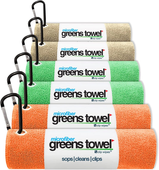 6 Pack Golf Towels with Clip for Golf Bags, Plush Microfiber nap Fabric, 16x16, The Original Multi-Color Pack (Orange-Shamrock-Sand)