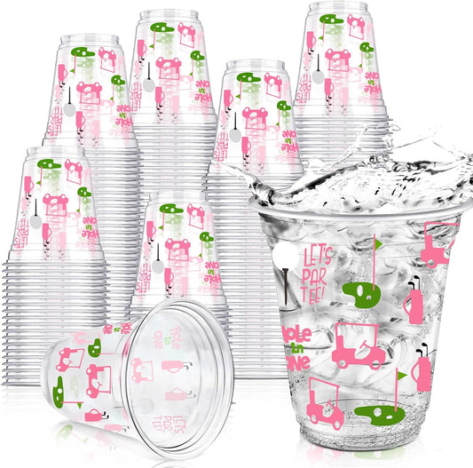 50 Pcs Masters Golf Ball Party Supplies Bulk Clear Plastic Cups 12oz Disposable Let's Par-tee for Home Sports Golf Themed Birthday Bachelor Party Supplies Favors (Pink)