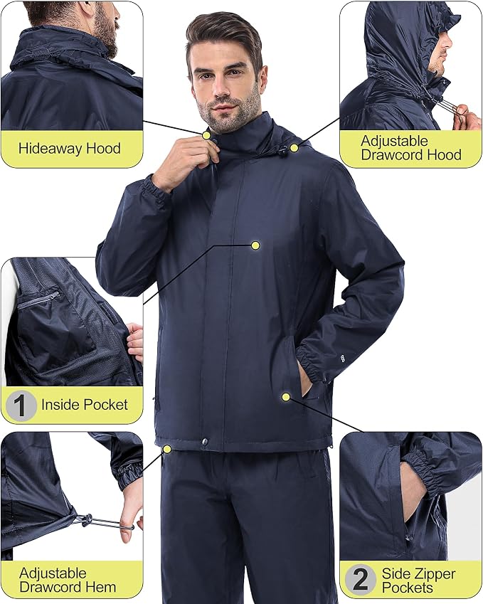 33, 000ft Men's Rain Suit Packable Waterproof Lightweight Rain Gear - Image 3