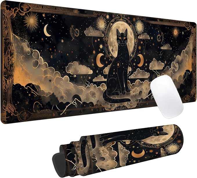 Mystical Black Cat Gaming Mouse Pad, Office Desk Mat, Anti-Slip Rubber Base by cromcu