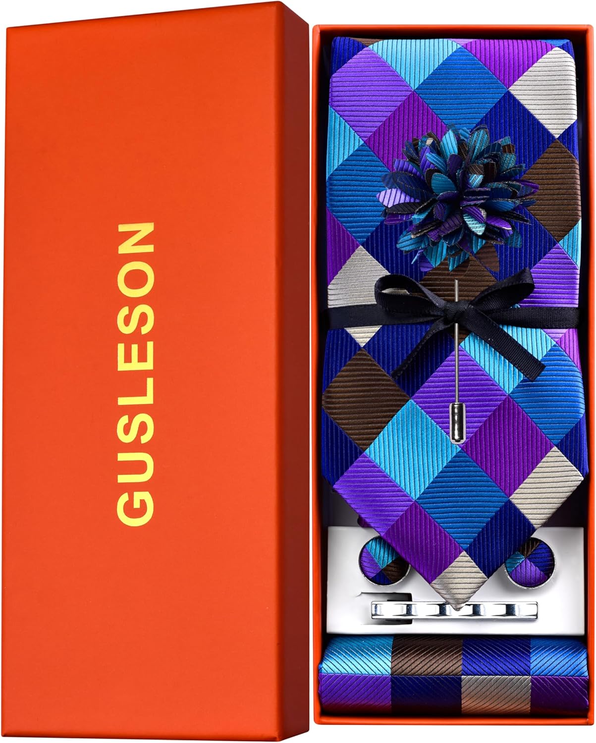 GUSLESON Tie Set for Men Necktie and Pocket Square,Tie Clip,Cufflinks, Lapel Pin Sets with Gift Box 5PCS