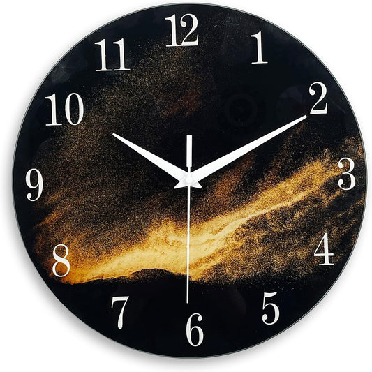 Black Wall Clock for Living Room 14 Inch Glass Analog Wall Clock Battery Operated Silent Clock for Bedroom Office