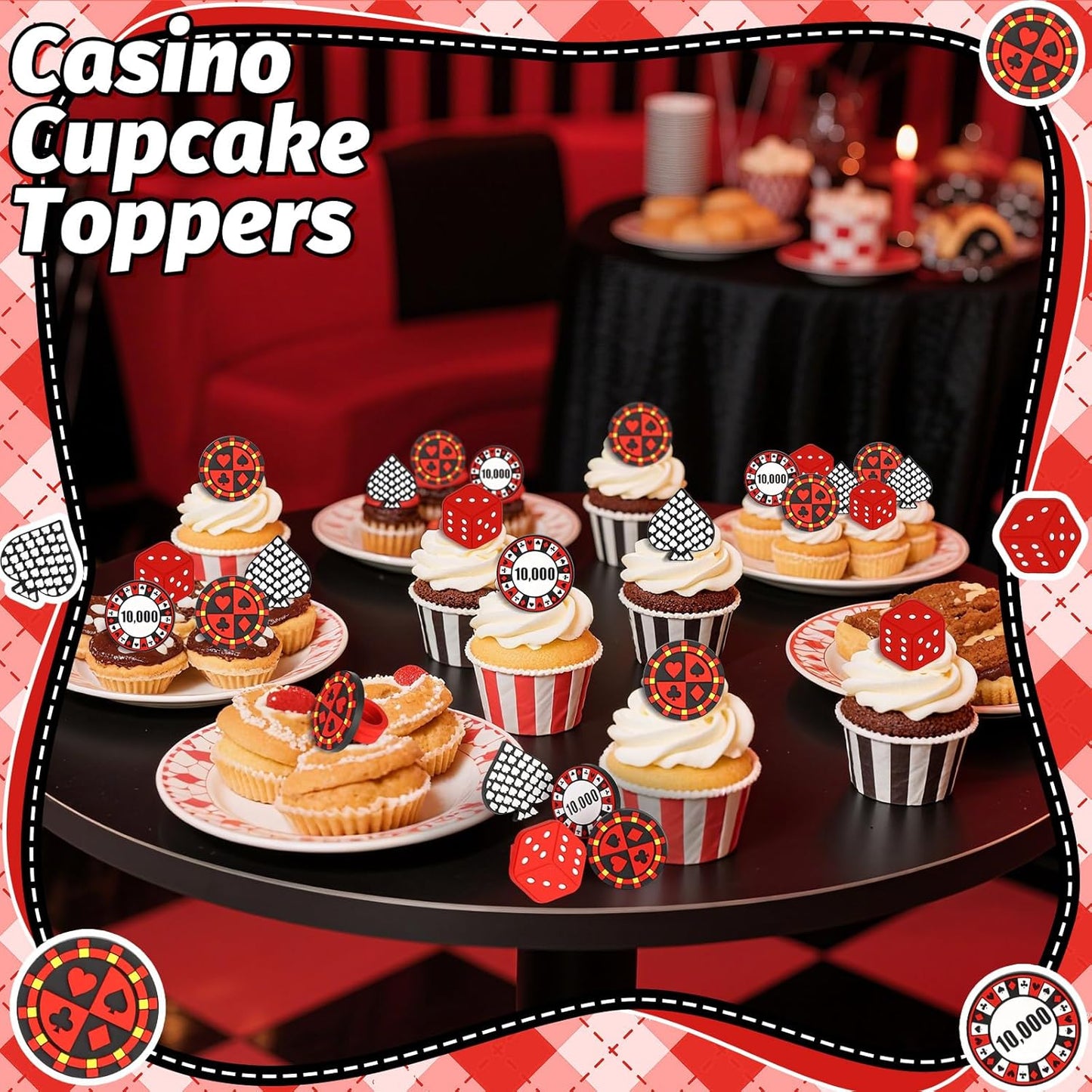 24Pcs Casino Cupcake Ring Toppers Poker Chips Heart Dice Cupcake Toppers Casino Theme Party Cake Decorations for Poker Game Night Las Vegas Birthday Corporate Events Party Supplies