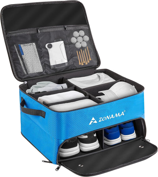 Golf Trunk Organizer, 3 Layers Large Space Car Trunk Locker, with Separate Compartment, Waterproof Golf Accessories Bag for 2 Pairs of Golf Shoes, Balls, Clothes, Golf Gift for Men Women