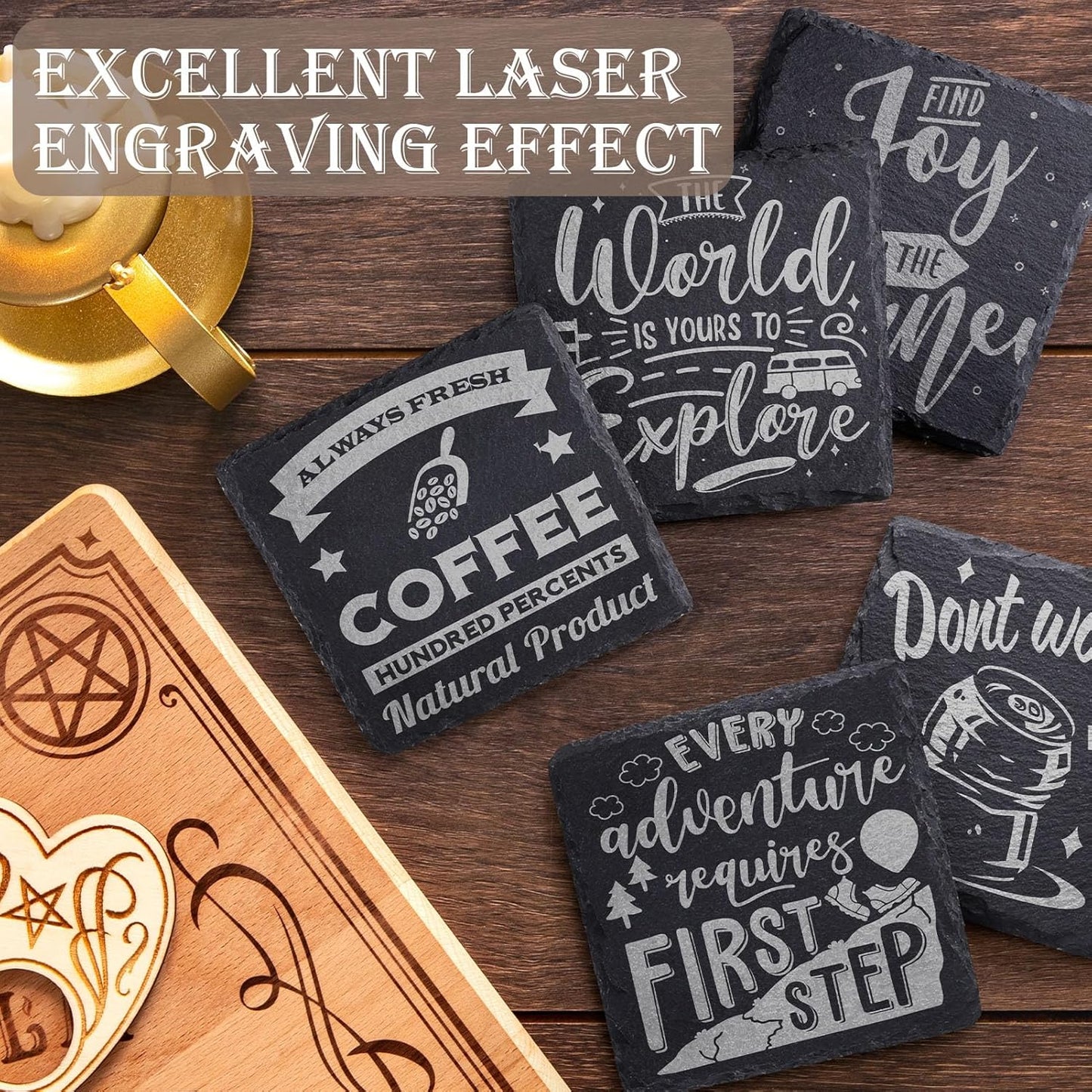 13 Pieces Slate Drink Coasters, GOH DODD 4 Inch Black Coasters Stone Coaster Set, Laser Engraving Blanks with Anti-Scratch Bottom for Home Office Bar Outdoor Housewarming Gifts Wedding Party, Round