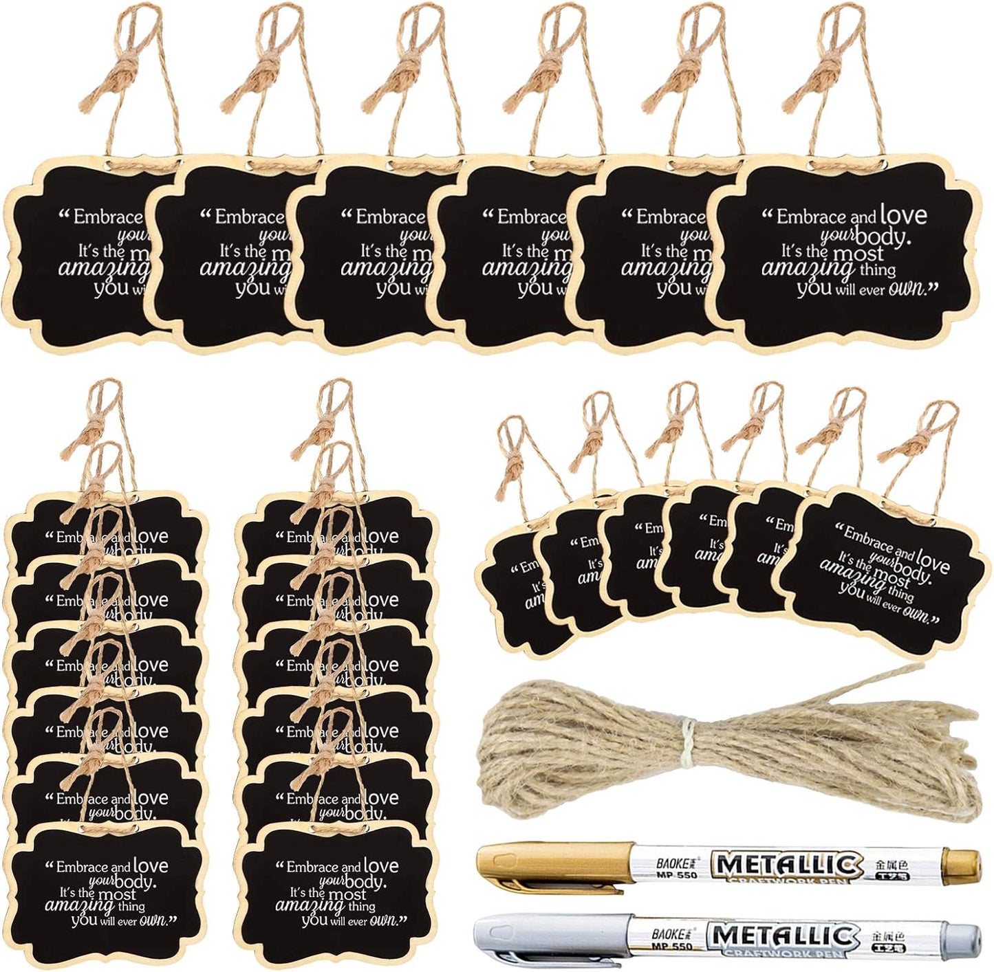 24 Pack Chalkboard Tags with String, 2.36x3.35 Inch Mini Wood Chalkboards Signs with Gold and Silver Markers, Hanging Chalkboard Labels Massage Board Signs, Price Tags