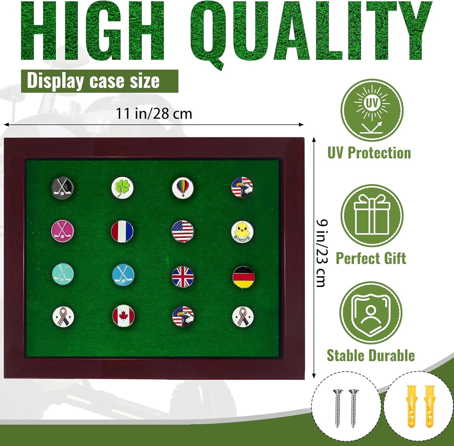 20 Golf Ball Marker Display Case Magnetic 11" W x 9" H Wall Mounted Ball Marker Display Frame Shadow Box Acrylic Cover Magnetic Back Panel Suitable for Collecting Golf Ball Markers