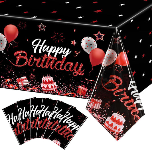 Breling 6 Pack Birthday Party Supplies Confetti Sprinkles Happy Birthday Tablecloths Starry Table Covers for Kids Adults Party Decorations, 54 x 108 Inches (Red and Silver)