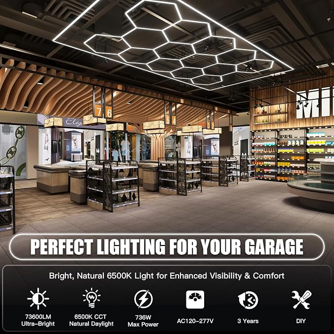 JTT Hexagon Garage Lights, 736W 73600LM LED Garage Hexagon Lights, 6500K Super - Image 3