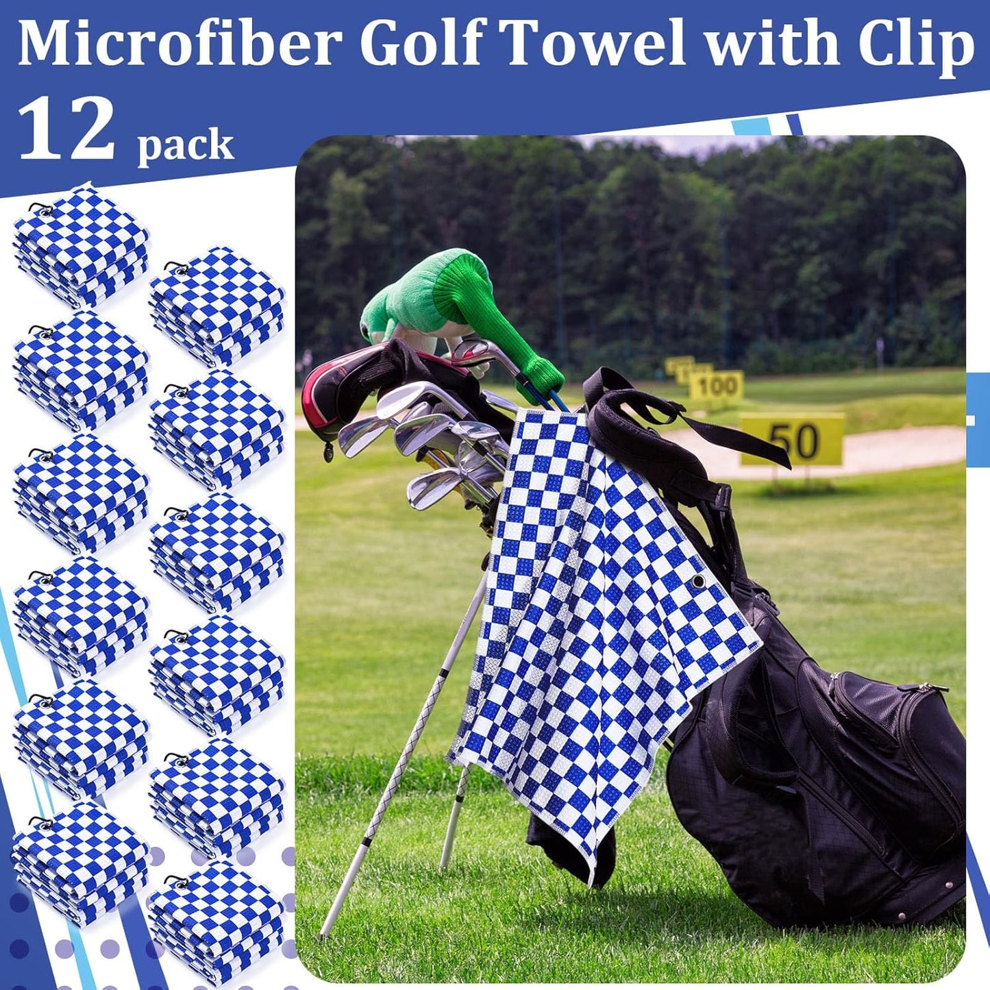 12 Pcs Golf Towels Bulk for Bags Microfiber Waffle Pattern Golf Towel with Clip 16'' x 16'', Ultra Absorbent Quick-Dry, Mini Tournament Yoga Fitness Men's Gifts(Sapphire Blue)