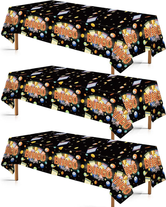 Grencian 3Pcs Bingo Tablecloth Bingo Night Table Cover Plastic Rectangle Black Game Night Table Cloth Party Decorations for Adult Boys Girls Family Game Birthday Bin-go Theme Party Supplies 54" x 108"