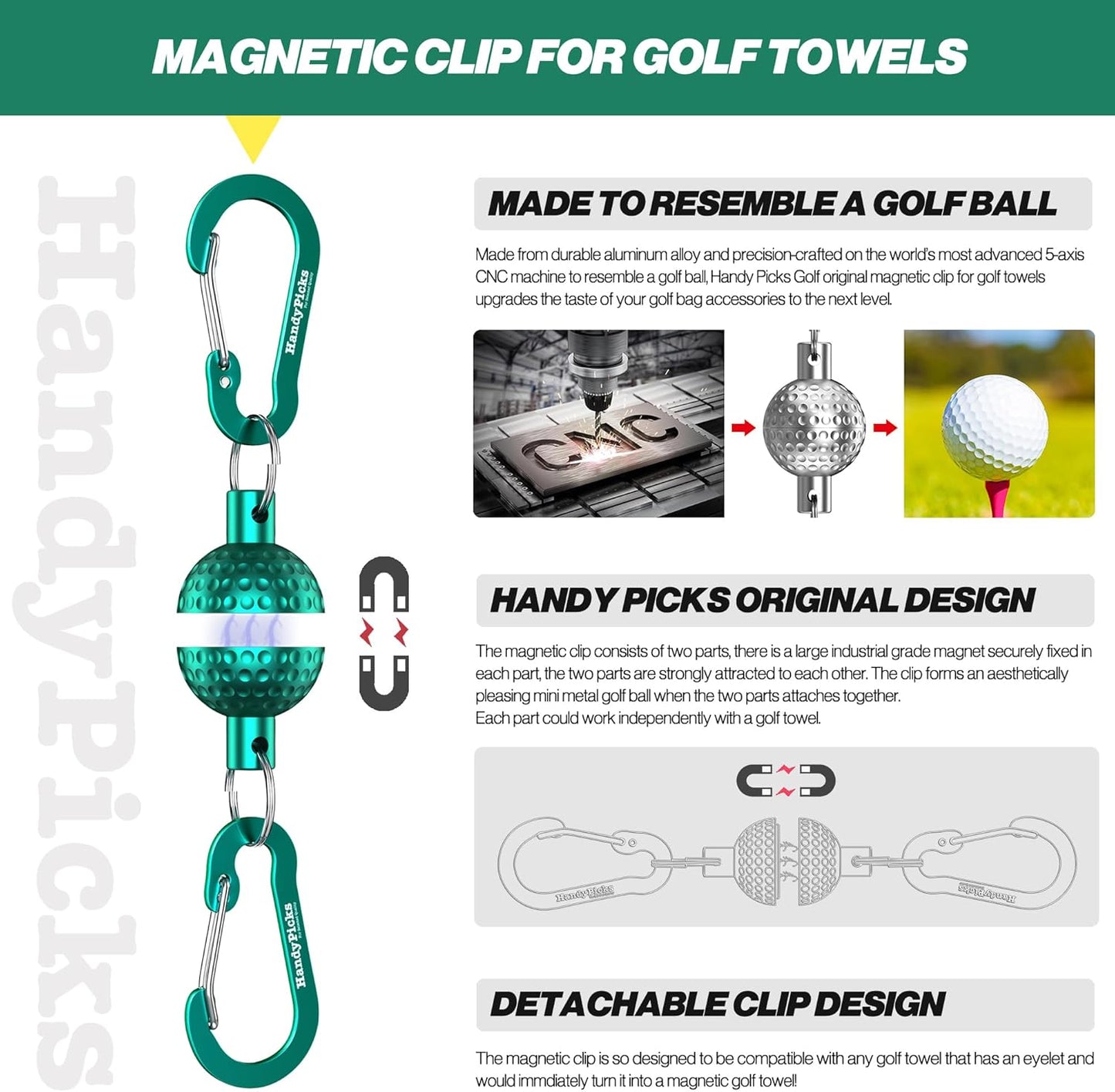 Handy Picks Magnetic Clip for Golf Towels, Original Mini Golf Ball Design, Industrial Neodymium Magnet for Strong Hold to Cart or Clubs, Essential Golf Accessory for Golf Lovers