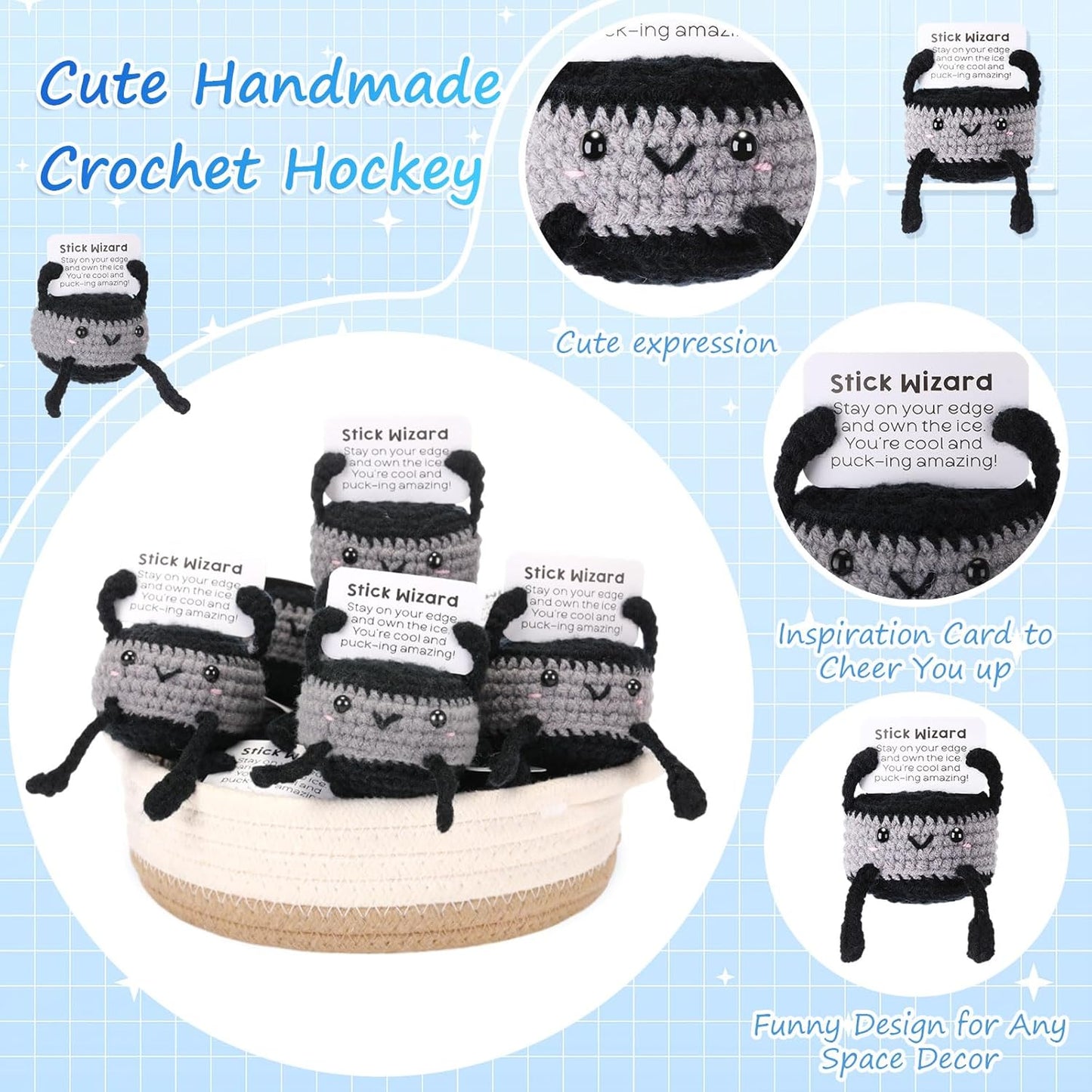 12pcs Funny Hockey Puck Gifts for Team Bulk Positive Hockey Balls with Motivational Cards Handmade Mini Crochet Team Gift for Coach Women Men Coworker Birthday Christmas Party Favors
