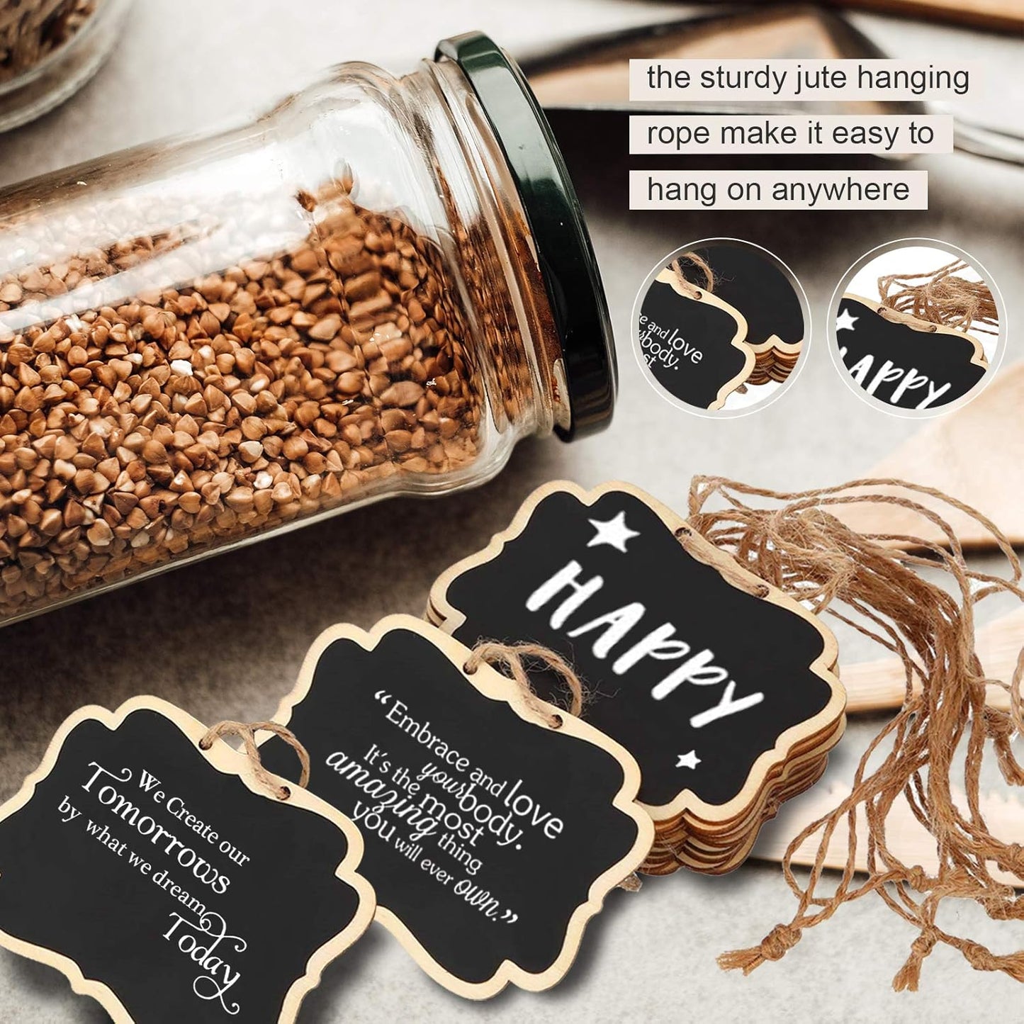 24 Pack Chalkboard Tags with String, 2.36x3.35 Inch Mini Wood Chalkboards Signs with Gold and Silver Markers, Hanging Chalkboard Labels Massage Board Signs, Price Tags