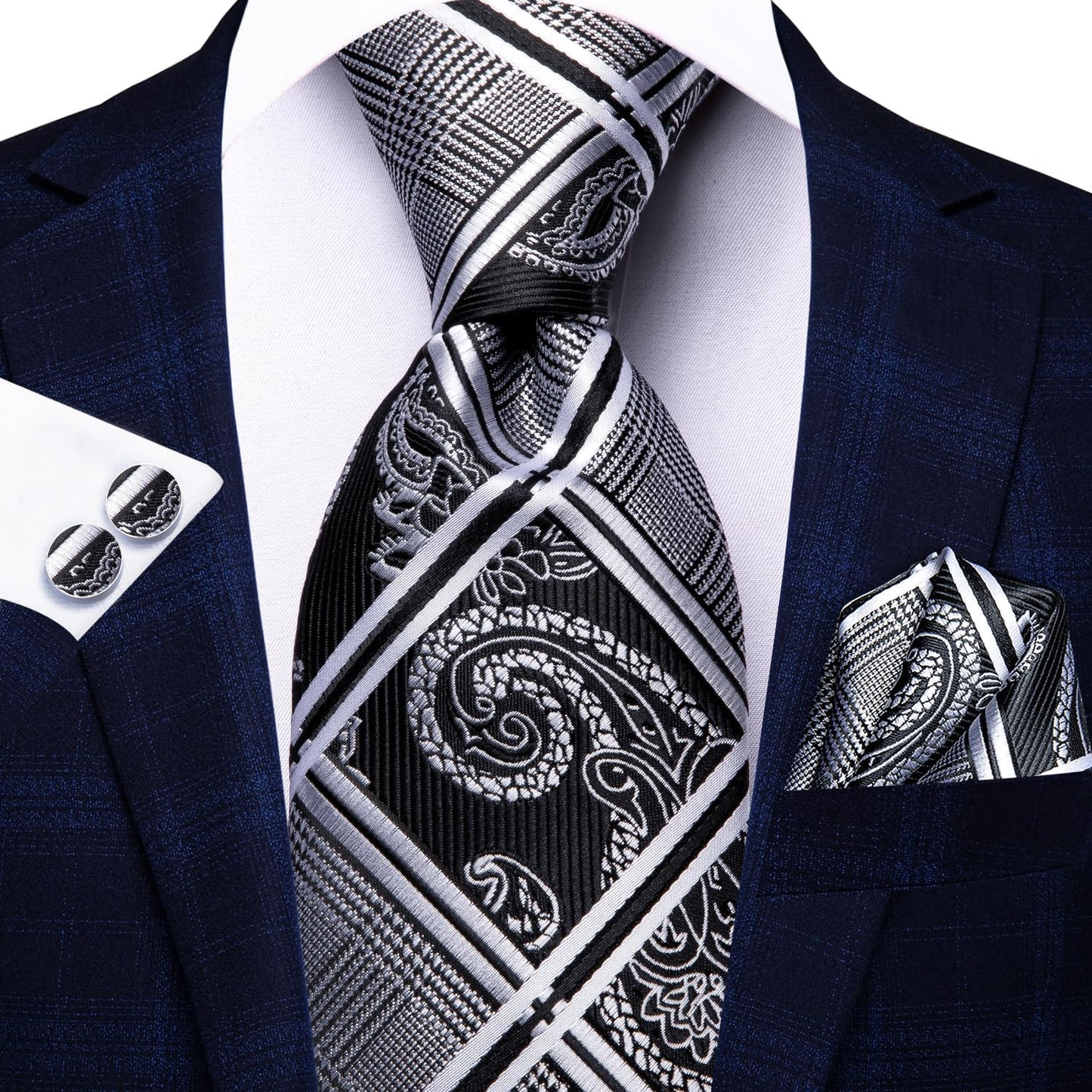Hi-Tie Men 63inches Tie Set Extra Long Necktie Paisley Tie Pocket Suqare Cufflinks Big and Tall Men Tie