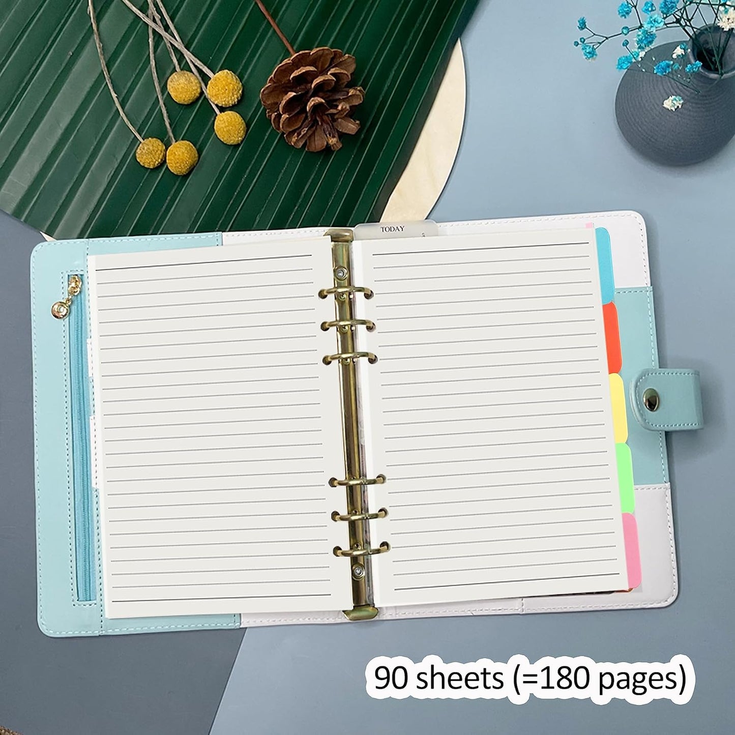 Harphia A5 6 Holes Binder Refill Value Set, 90sheets rulled line loose leaf paper with stickers and dividers, planner inserts with binder pockets for A5 binder 6 holes refillable notebook,005da5line