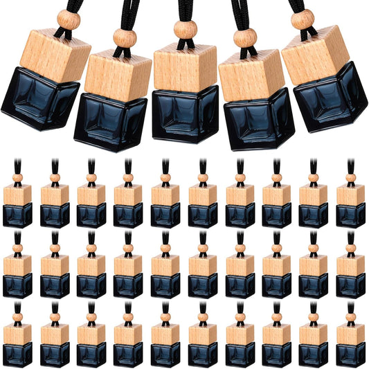 BBTO 50 Pcs Hanging Car Air Freshener Car Diffuser Bottles Empty Glass Perfume Bottle Freshener Diffuser Bottle Pendant for Essential Oil Fragrance Aromatherapy Bottle Ornament (Black,Cube)