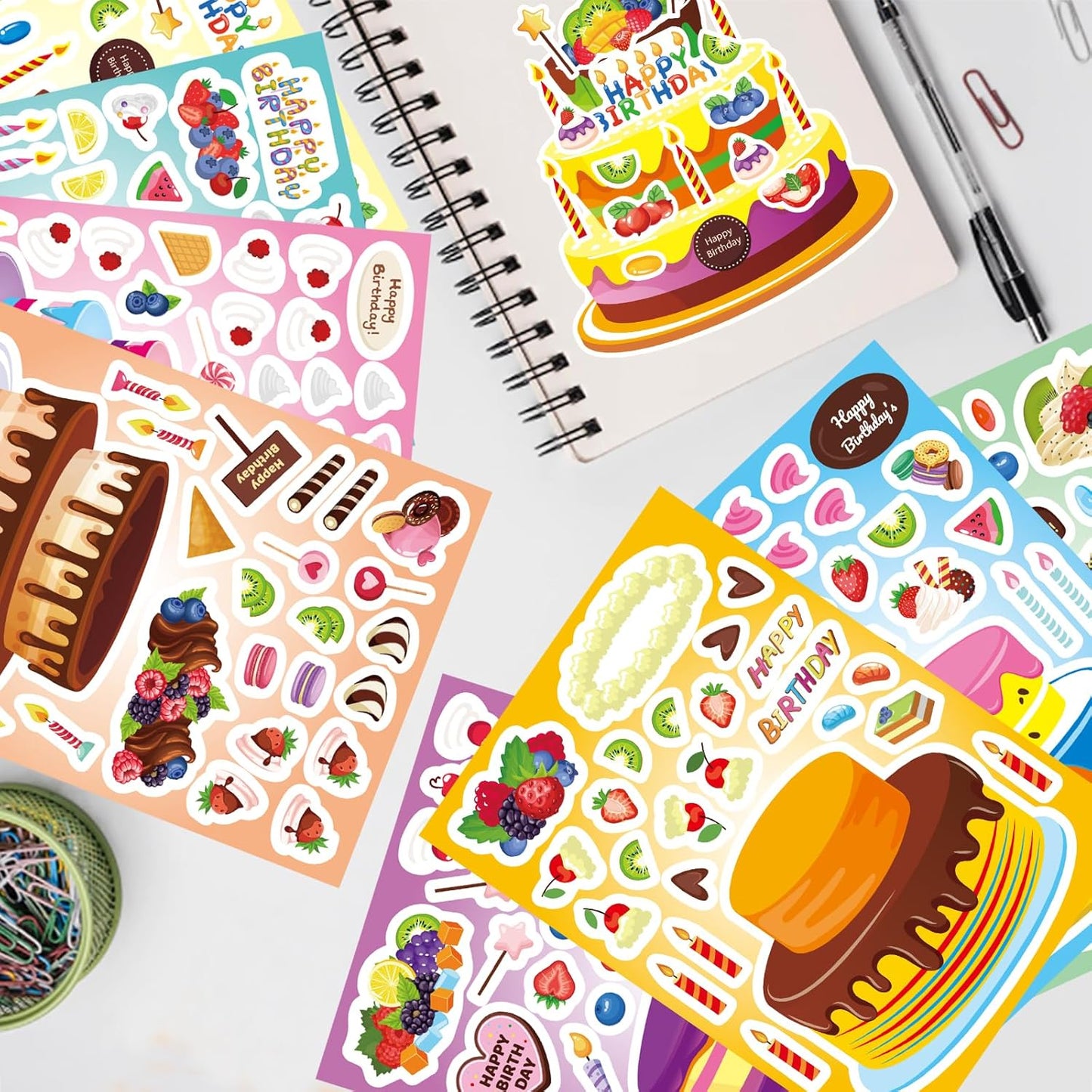 24 Sheets Birthday Stickers, Make-a-Cake Sticker for Kids Make Your Own Birthday Cake Stickers with Fruit Candy Candle, Happy Birthday Sticker Classroom Teacher Reward Stickers, Birthday Gift for Kids