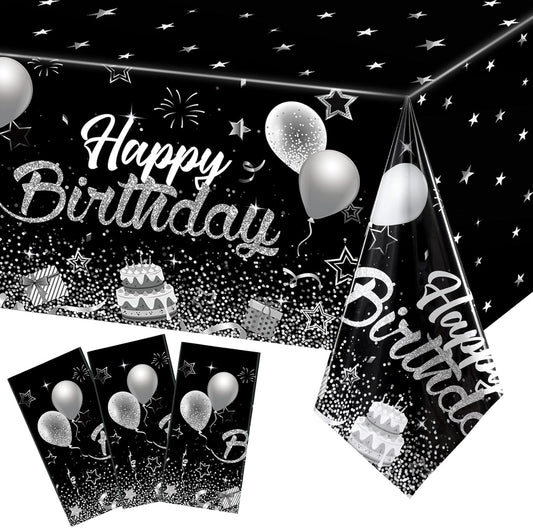 Breling 3 Pack Birthday Party Supplies Confetti Sprinkles Happy Birthday Tablecloths Starry Table Covers for Kids Adults Party Decorations, 54 x 108 Inches (Black and Silver)