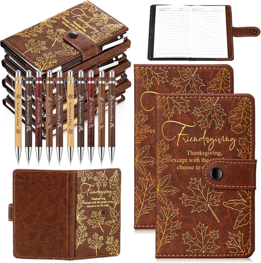 20 Sets/40 Pcs Friendsgiving Gift Bulk Thanksgiving Notebooks Maple Leaf A6 Leather Journals with Bamboo Pens Friendsgiving Party Favors Christmas Sisterhood Gift for Women Friends Bestie Sorority