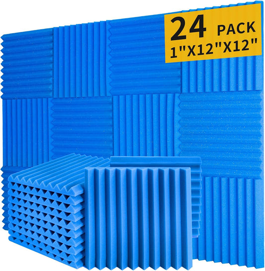 Blue Acoustic Panels 24 Pack 1 x 12x 12 Inches Sound Proof Foam for Wall Soundproof Noise Cancelling Wedge Studio Foam Panels Sound Absorbing High Density