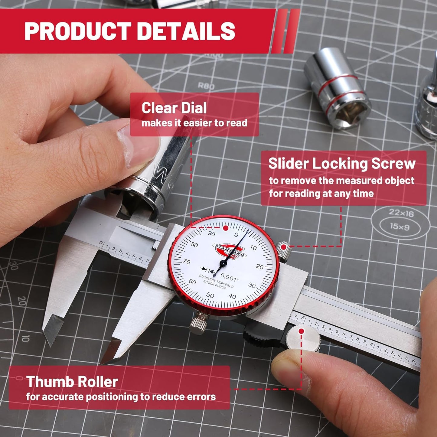 0-6" Range SAE Dial Caliper Measuring Tool, Analog Precision Micrometer Caliper ±0.001" Accuracy, Manual Mechanical Metal Stainless Steel Measuring Dial with 4-Way Measurements