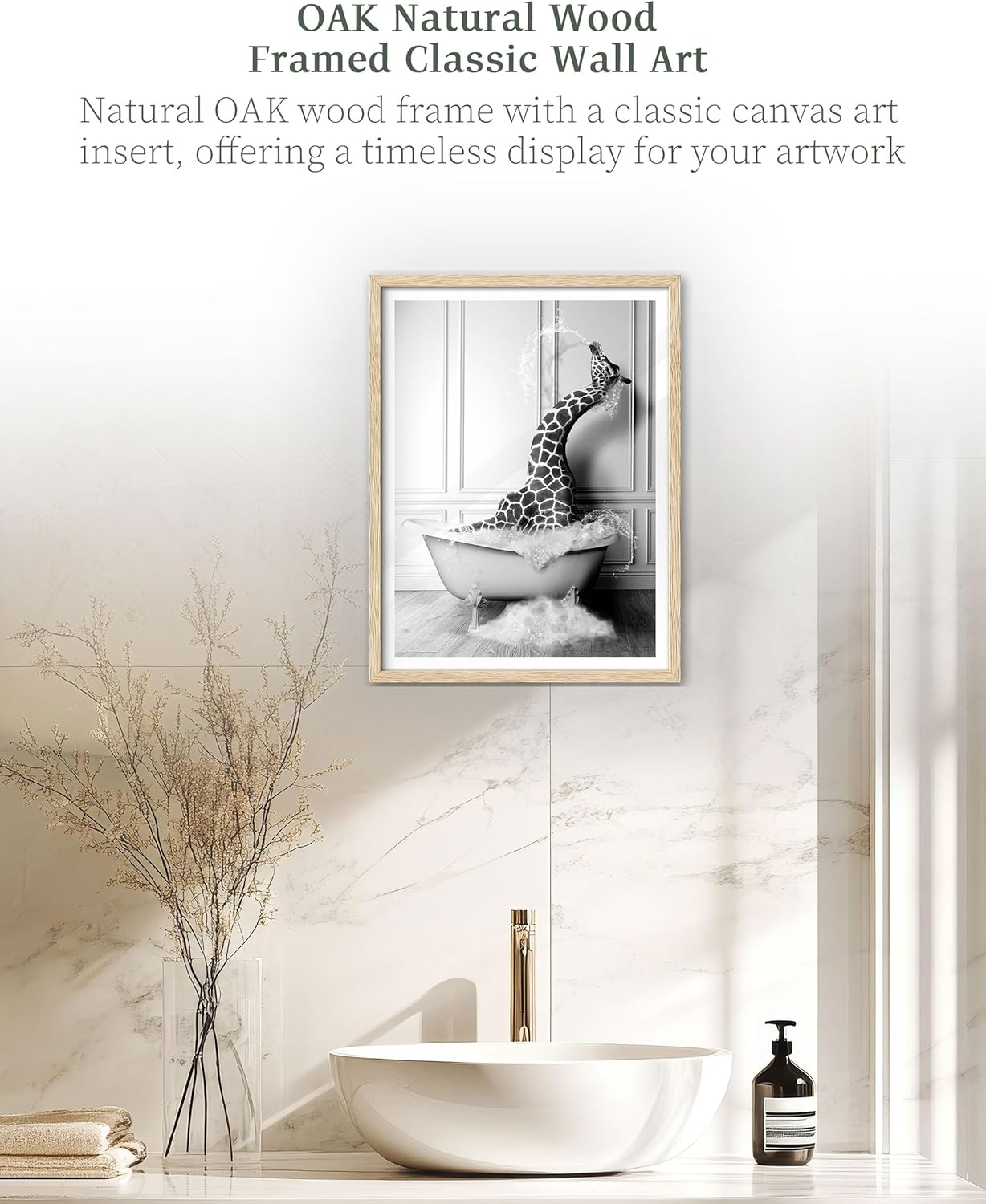 iHery Natural OAK Wood Framed Wall Art, 12x16 in Funny Bathroom Wall Art Decor, Giraffe Bathing Animals Canvas Prints, Black and White Wall Decor Pictures For Bedroom Living Room Set of 1