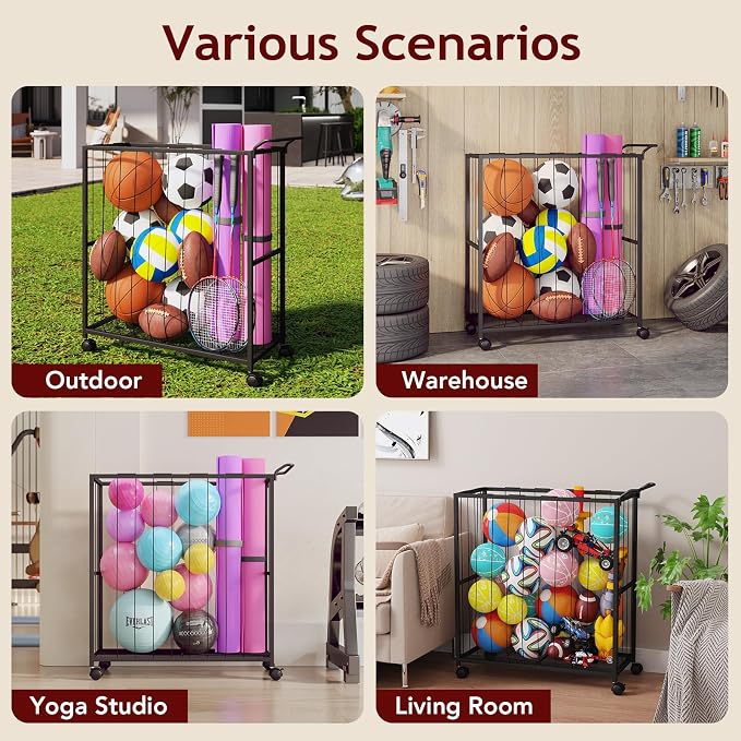 Ball Storage Bin Rolling Sports Ball Cart, Metal Garage Organizer Sport Rack - Image 7