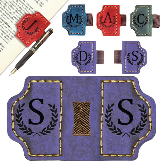 Bygone Mark Bookmark with Pen Holder, 26 Letters Name Initial Personalized Magnetic Bookmarks, Leather Book Mark for Men Women, Travelers Accessories, Teachers Readers Book Lovers Gifts (Purple, S)