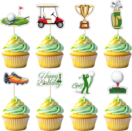 32 PCS Golf Cupcake Toppers Double Sided Trophy Golf Shoes Lawn Bag Ball Carts Cupcake Picks Sports Birthday Decorations for Sports Player Theme Baby Shower Kids Birthday Party Decoration Supplies