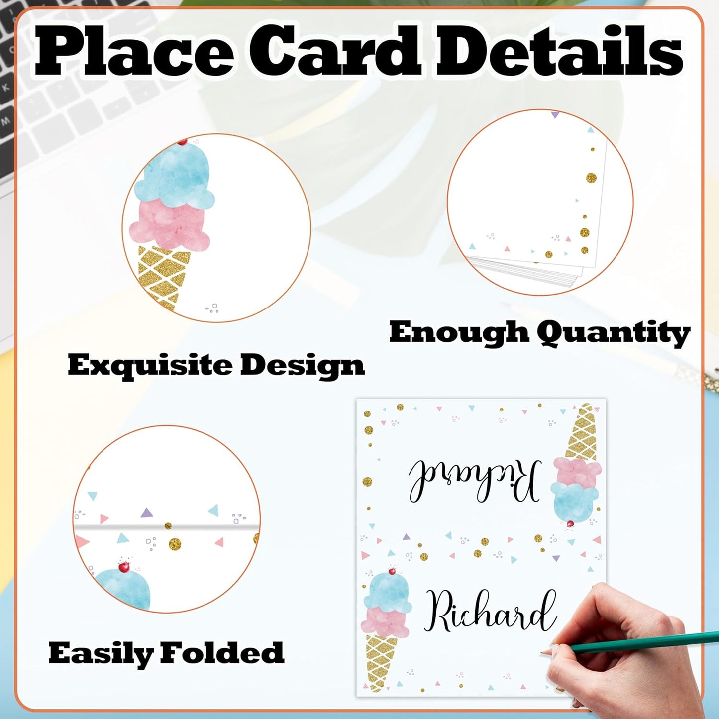 Ice Cream Place Card For Girls Boys, Ice-Cream Name Cards For Table Setting, Sprinkles Party Favors Supplies, Summer Tent Cards Decorations For Baby Shower Birthday Events, Easy Folding, 25 Pack -06