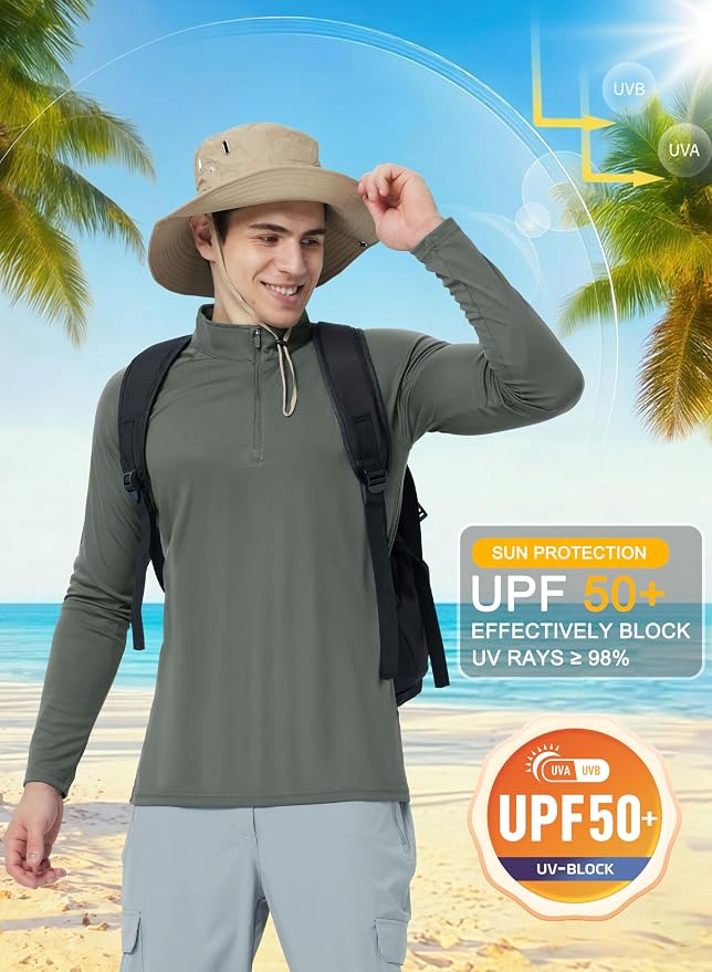 CRYSULLY Men's Long Sleeve 1/4 Zip Shirts Sun Protection Pullover UPF 50+ Rash - Image 3
