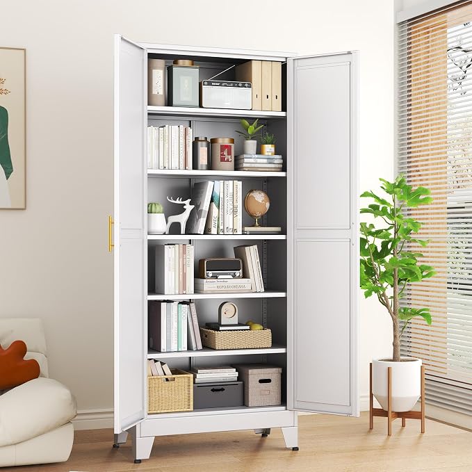 White Metal Storage Cabinet, Kitchen Pantry Storage Cabinet - Image 2