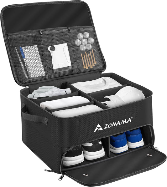 Golf Trunk Organizer, 3 Layers Large Space Car Trunk Locker, with Separate Compartment, Waterproof Golf Accessories Bag for 2 Pairs of Golf Shoes, Balls, Clothes, Golf Gift for Men Women