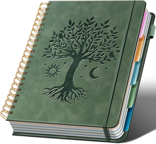 Hardcover Spiral Notebook 8.5" x 11" with 5 Removable Dividers 300 Pages Leather 5 Subject Notebook College Ruled 100GSM Large Spiral Notebooks for Work Thick Lined Journal for Women, Green