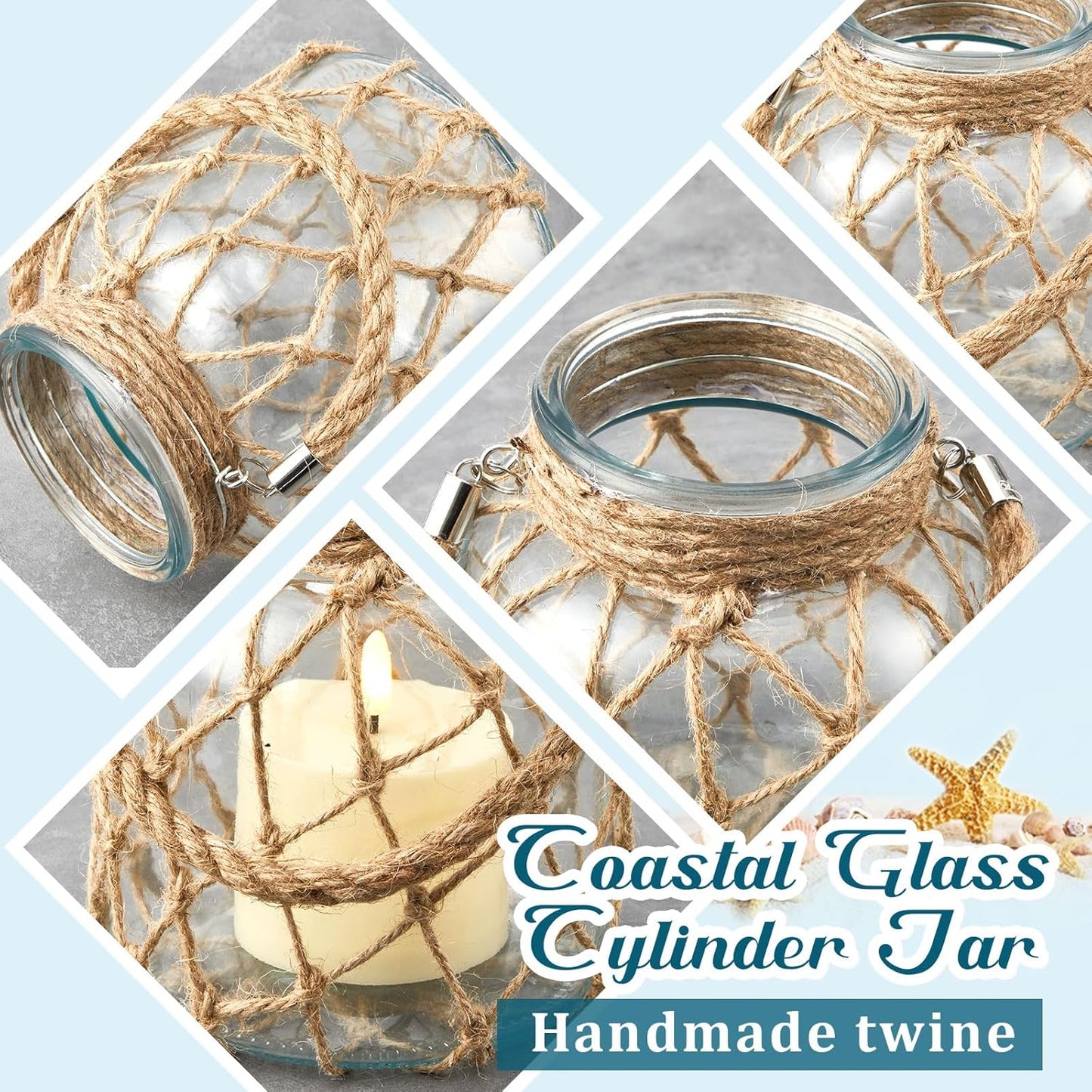 2 Set Nautical Candle Lantern with Rope Handle Coastal Glass Jar Battery Operated LED Flameless Lantern for Room Party Sea Beach House Table Centerpieces Decoration 5.5" x 5.5" x 6.3"