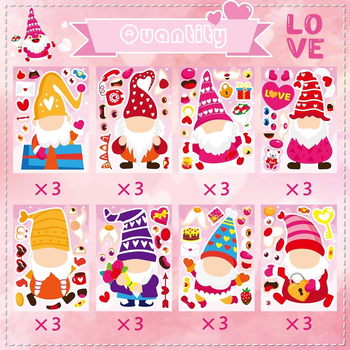 24 Sheets Valentine Stickers for Kids Make a face Sticker, Valentines Day Stickers Make Your Own Valentine Gnome Stickers Valentine' s Day Themed Party Favors Supplies