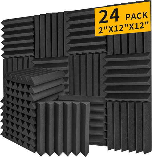 Acoustic Foam Panels 24 Pack 2" x 12"x 12" Saiqiang Soundproofing Wedges for Wall Noise Absorbing Soundproof Panels Black Sound-Damping Fire-Resistant for Studio, Office, Gaming Room