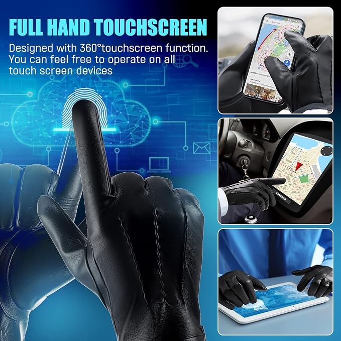 Winter Leather Gloves for Men, Touchscreen Snow Driving Gloves - Image 2