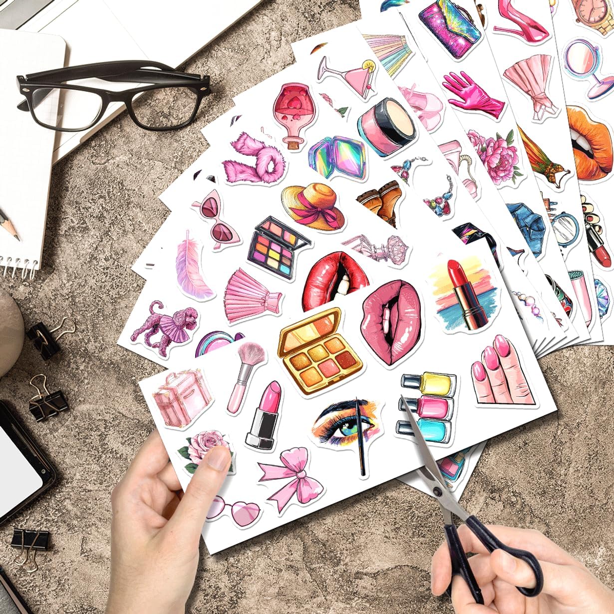 108Pcs Beauty Fashion Makeup Stickers for Girls and Women Vinyl Waterproof Decals Laptop Phone Scrapbook Journal Cute Cosmetic Accessory Themed Sticker Pack Skateboard