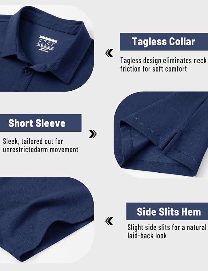 TACVASEN Mens Polo Shirts Short Sleeve Pique 3 Buttons Golf Polo Cooling - Image 5