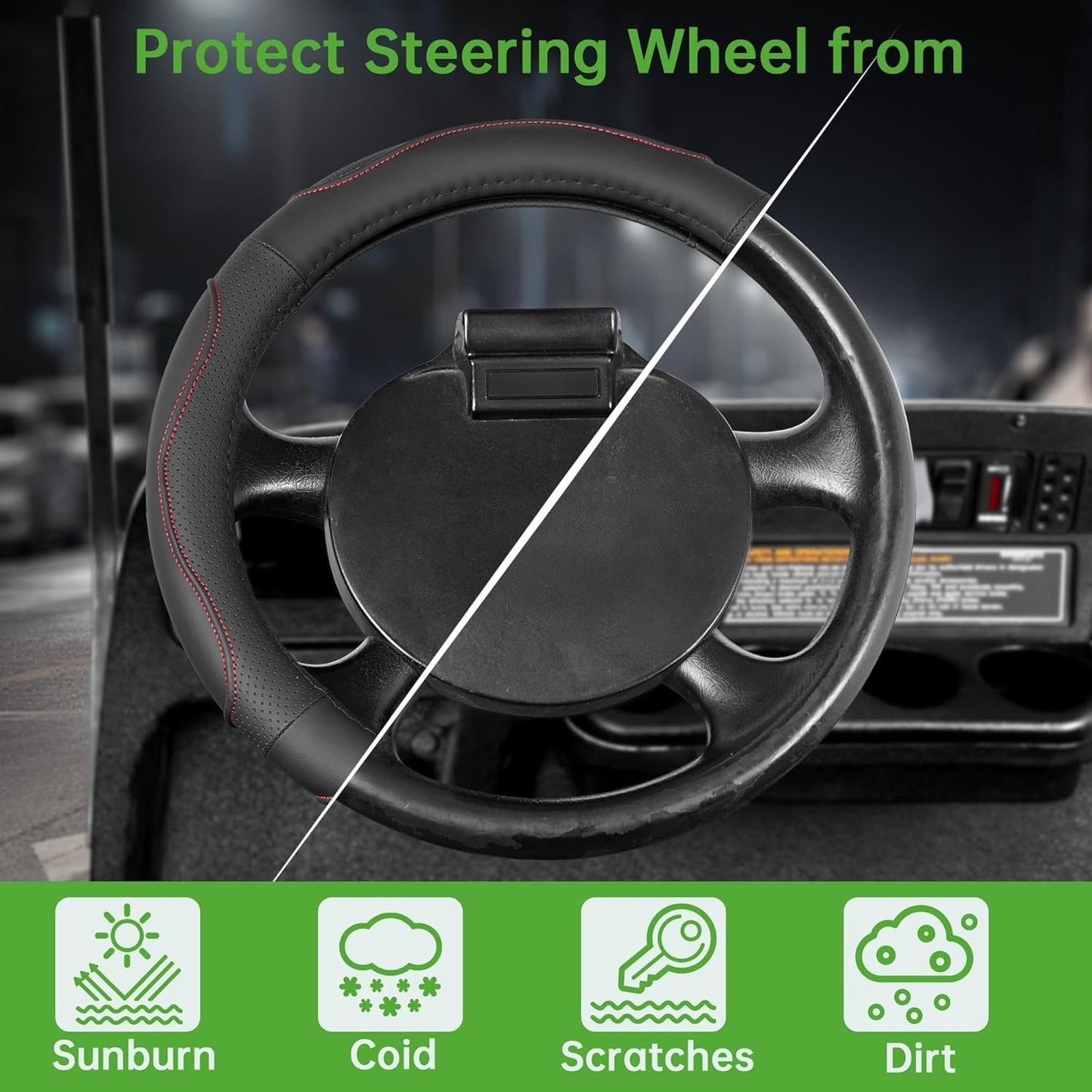 10L0L 13 Inch Golf Cart Steering Wheel Cover for EZGO TXT RXV, Anti Slip PU Leather & Comfortable Grip Feeling-Black Red