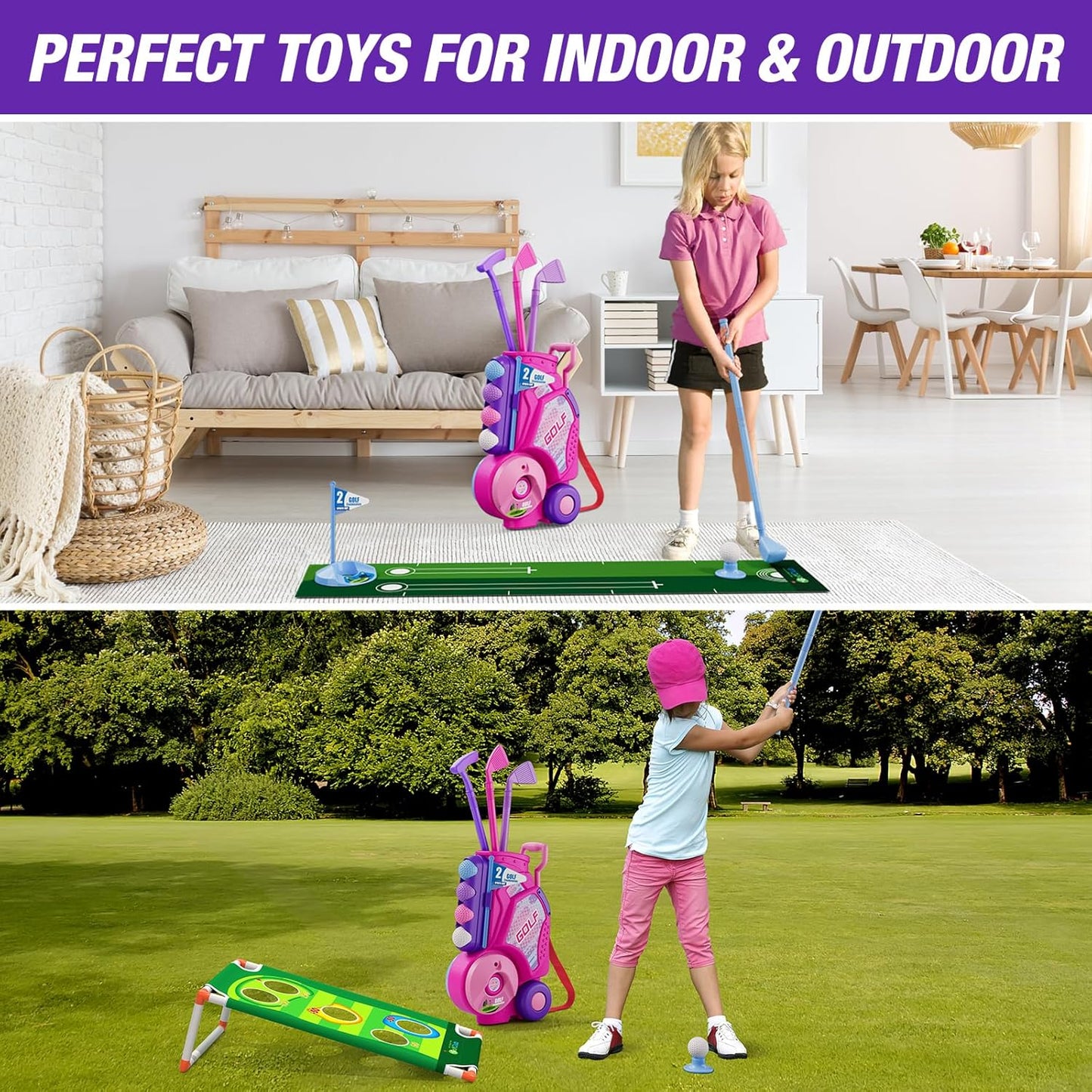 2 in 1 Toddler Golf Set 2-4 Years, Upgraded Kids Plastic Golf Clubs with 12 Balls, Cornhole Board & Putting Mat, Shoulder Strap, Indoor Outdoor Sport Toys Gift for Baby Boys Girls Aged 3-5, Pink