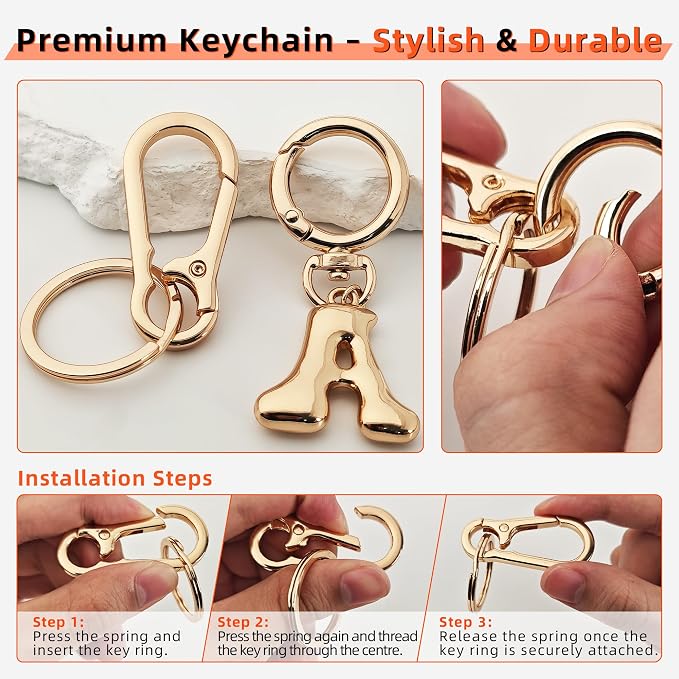 Gold Bubble Heart, Bow & More Designs Letter Initial Keychain Bag Charms – Cute - Image 3