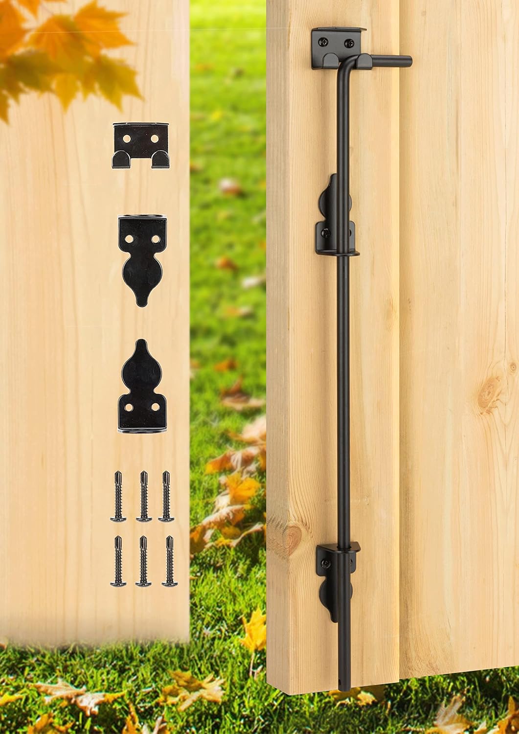 24" Heavy Duty Cane Bolt Gate Drop Rod Hardware Ground Latch for Wood PVC Vinyl Metal Fences Gates, Double Doors, Black Solid Steel -1 Pack