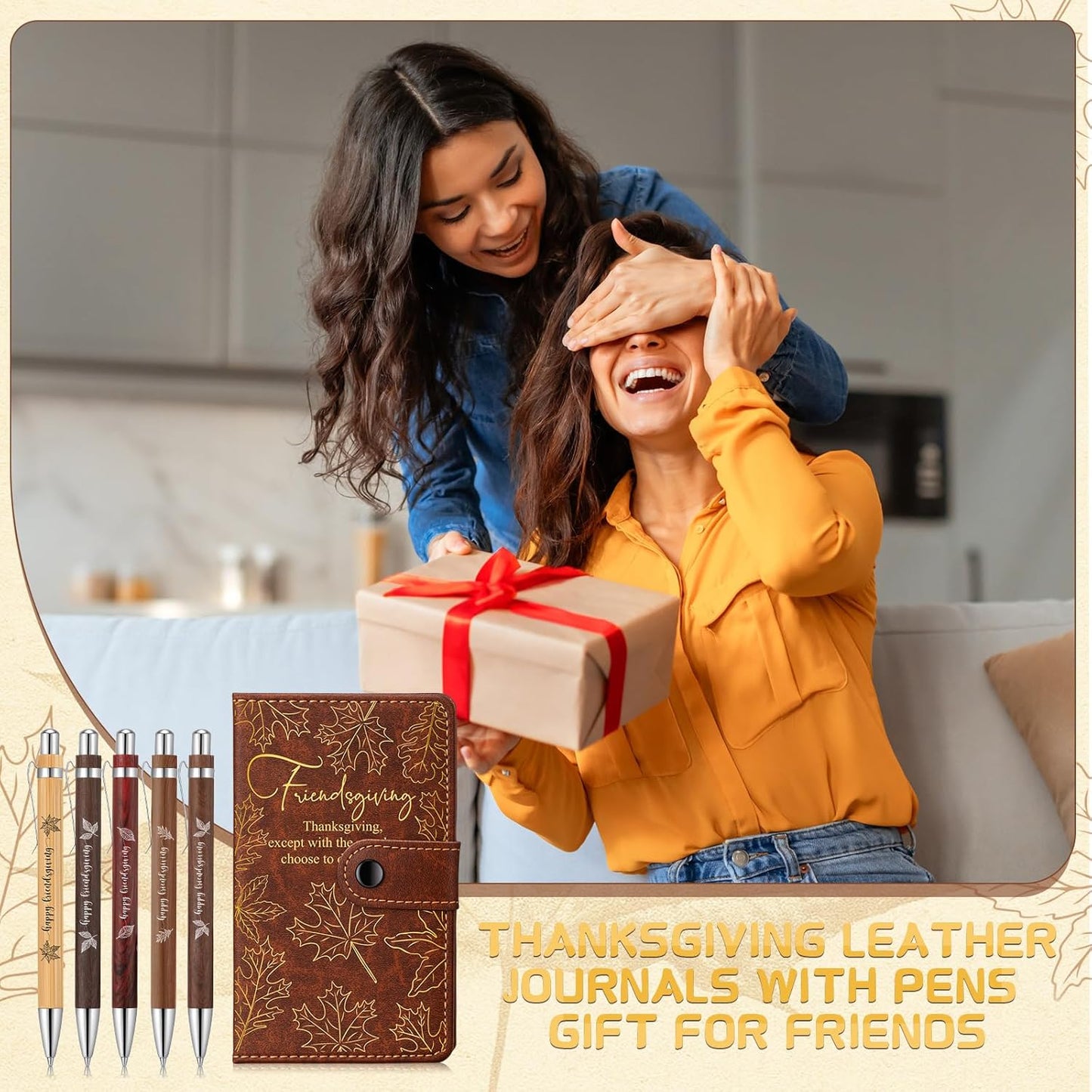 10 Sets/20 Pcs Friendsgiving Gift Bulk Thanksgiving Notebooks Maple Leaf A6 Leather Journals with Bamboo Pens Friendsgiving Party Favors Christmas Sisterhood Gift for Women Friends Bestie Sorority
